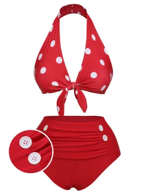 [Pre-Sale] Red 1950s Polka Dot Tie Halter Swimsuit