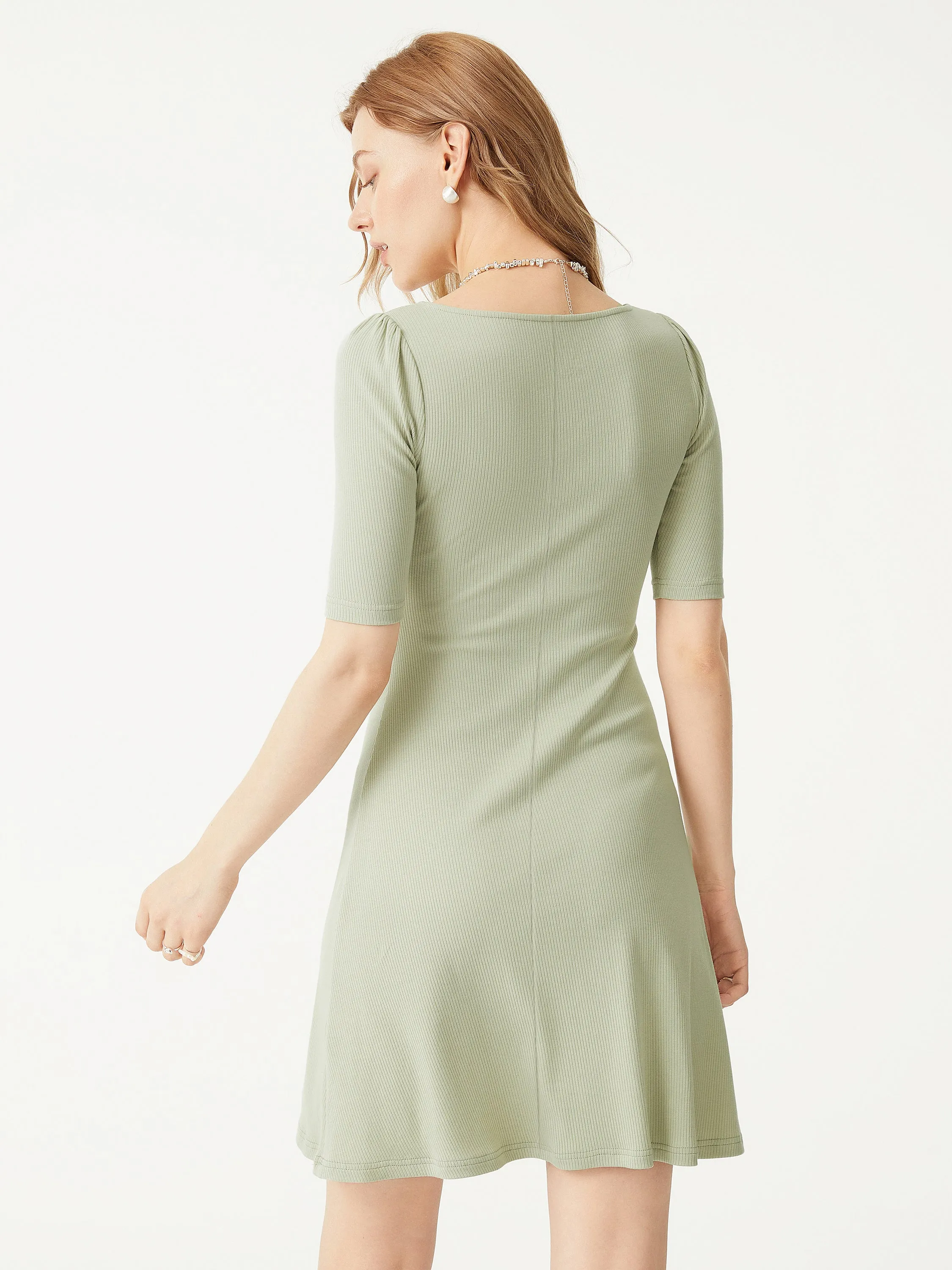 Puff Mid-Sleeve Square Neck Dress