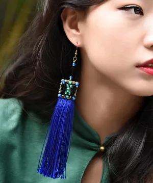 Retro Blue Bronze Alloy Tassel Agate Drop Earrings