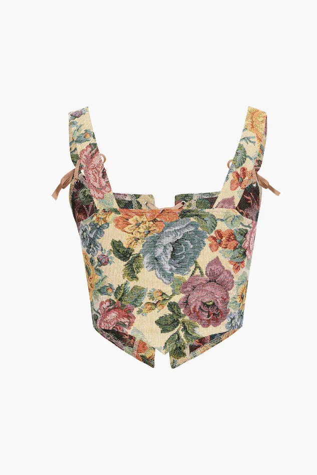 Retro Floral Tie On Front Corset Top