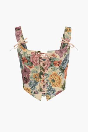 Retro Floral Tie On Front Corset Top