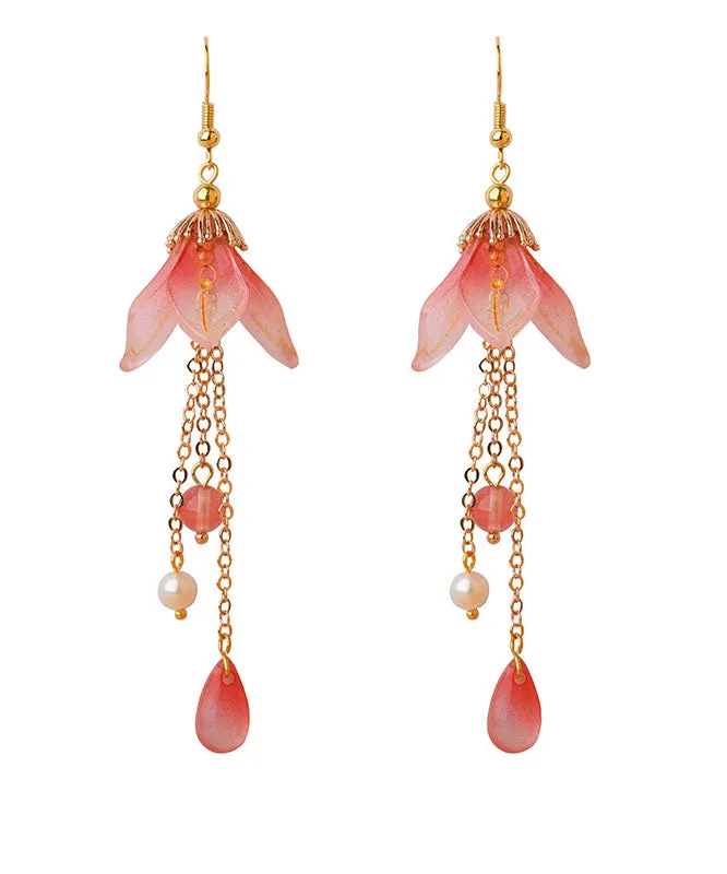 Retro Pink Coloured Glaze Lily Flower Pearl Drop Earrings