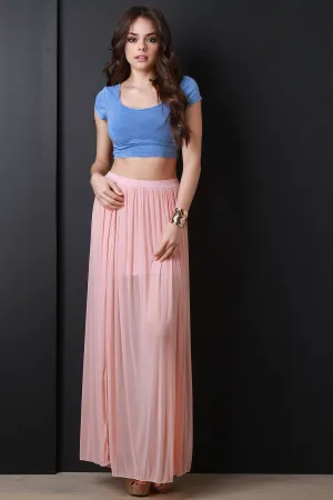 Semi-Sheer Mesh High Slit Maxi Skirt