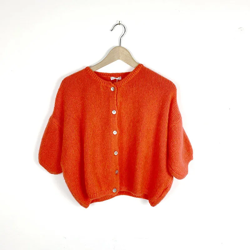 Short Sleeve Cropped Mohair Cardigan Orange