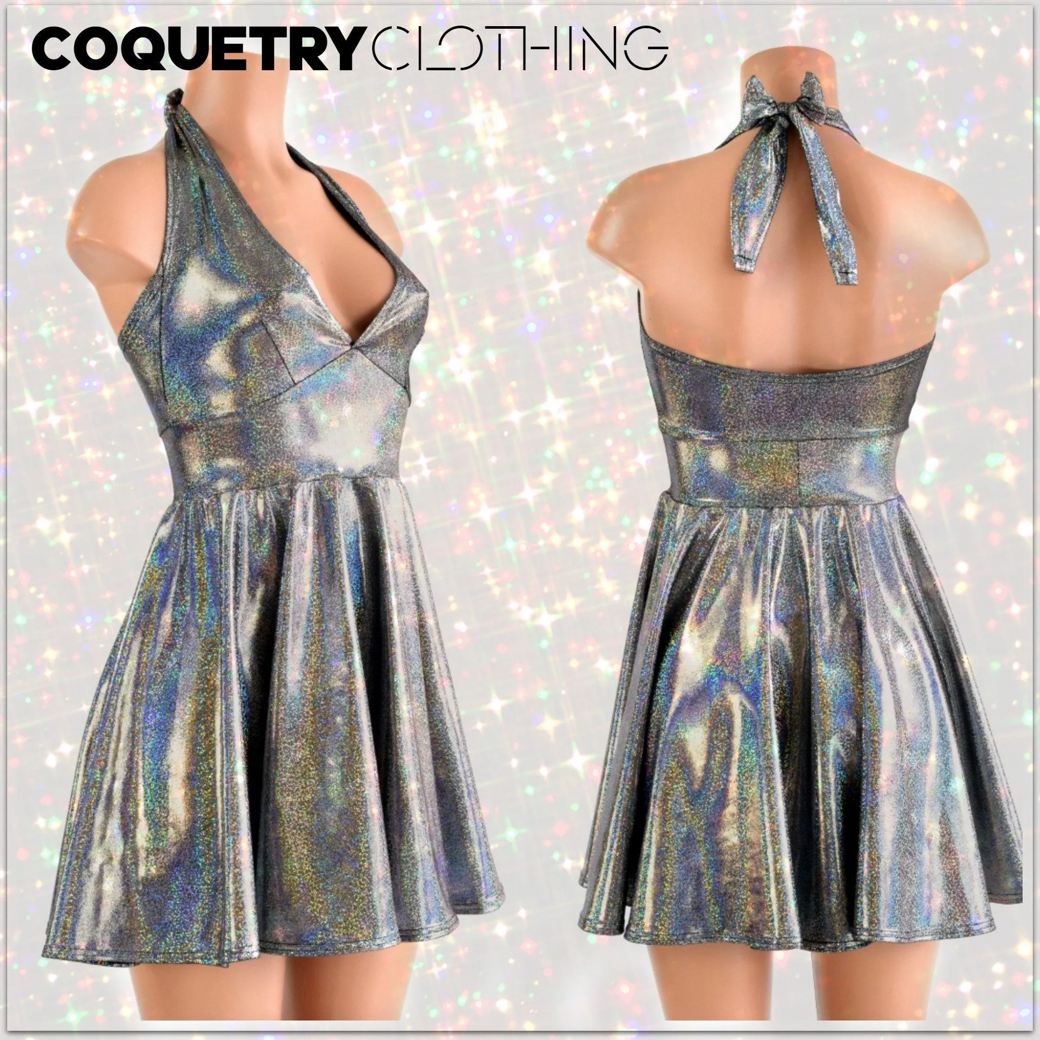 Silver Holographic Halter Skater Dress