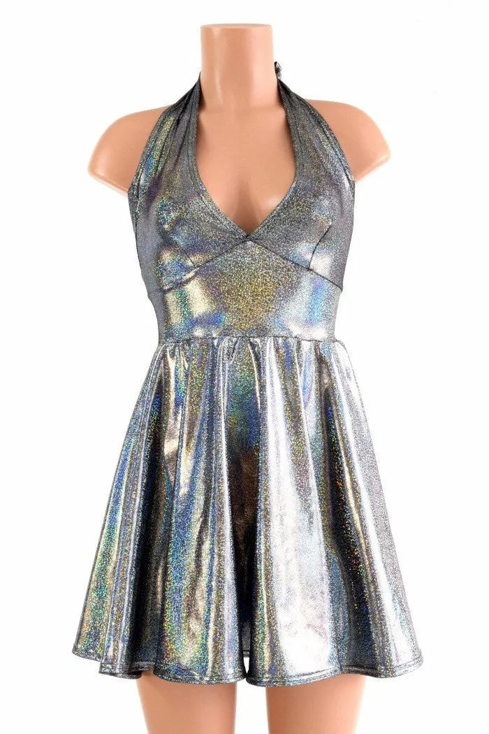 Silver Holographic Halter Skater Dress