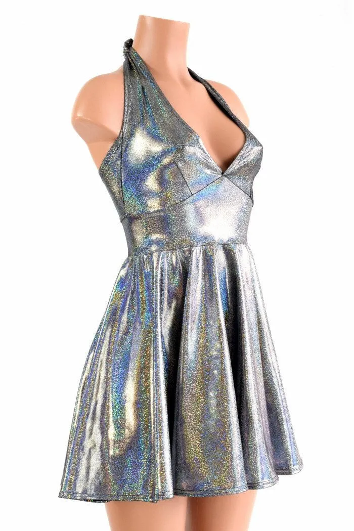 Silver Holographic Halter Skater Dress