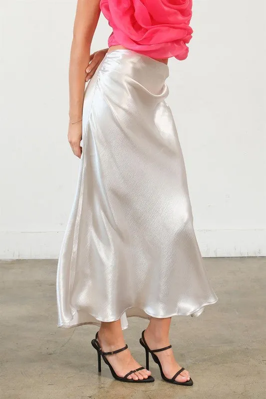 Silver Satin High Waist Midi Skirt