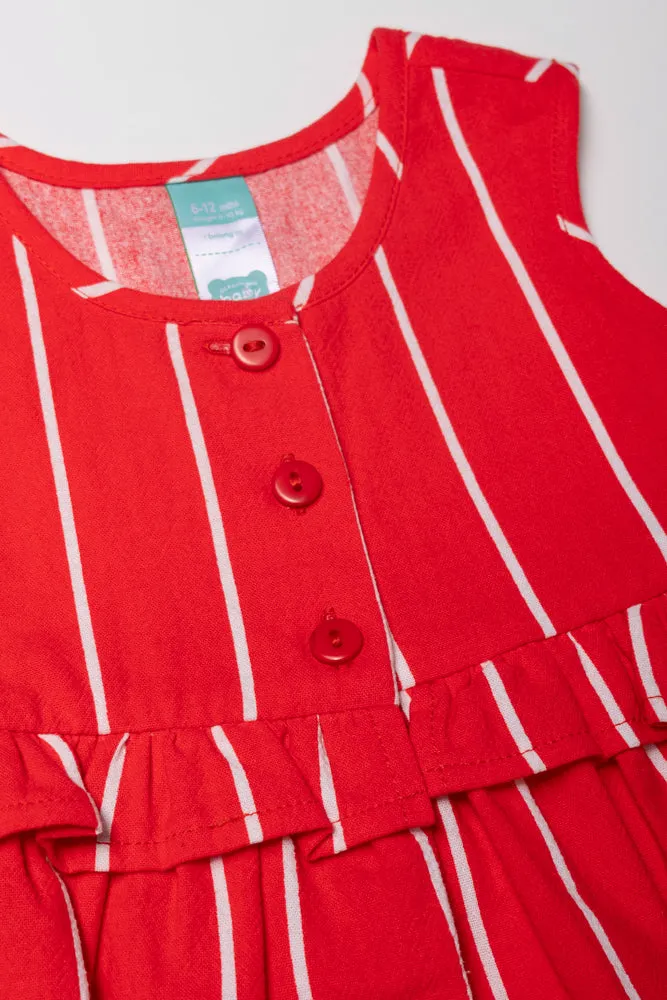 Stripe Button Front Dress Red