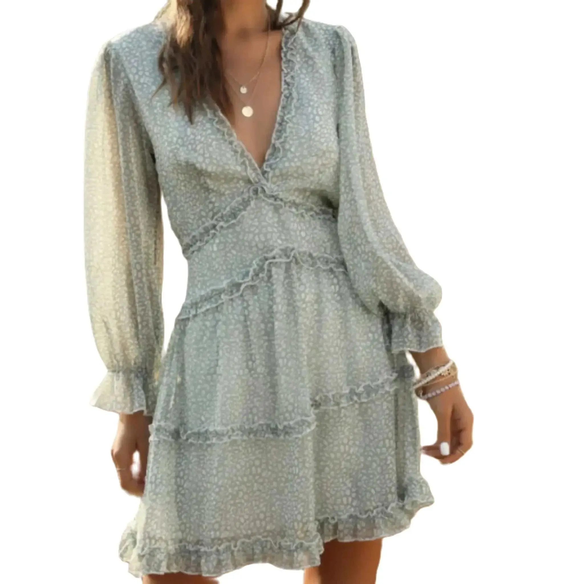 Stylish Summer V-Neck Chiffon Ruffle Dress