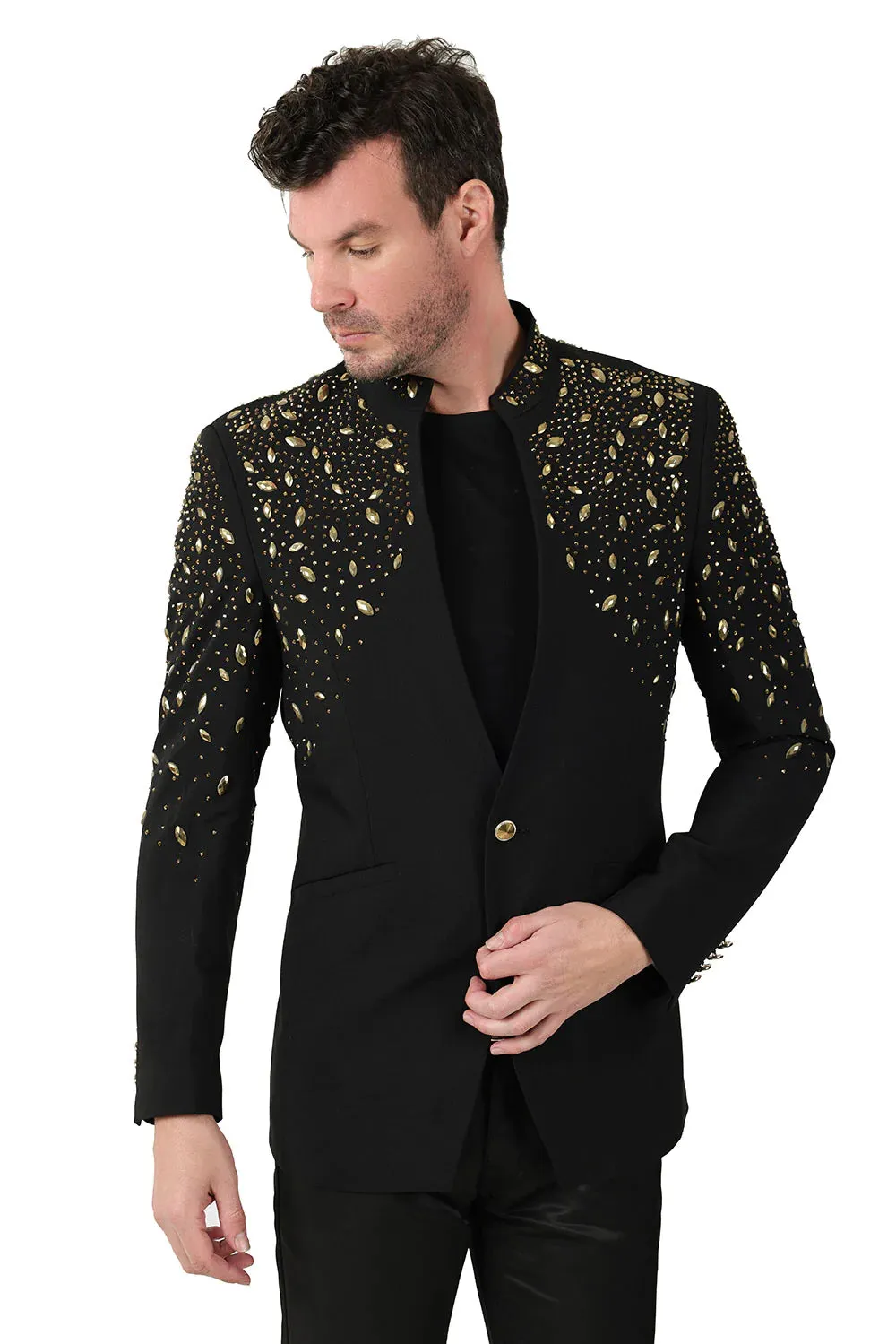 Tears in Heaven Black and Gold Rhinestone Slim Fit Dinner Blazer