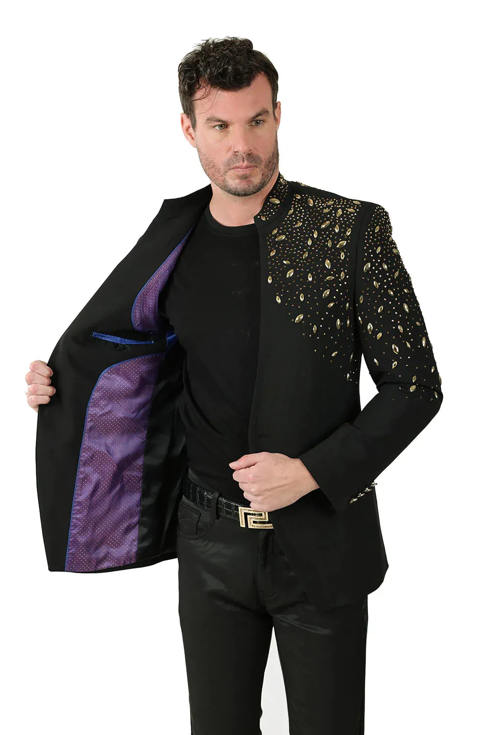 Tears in Heaven Black and Gold Rhinestone Slim Fit Dinner Blazer