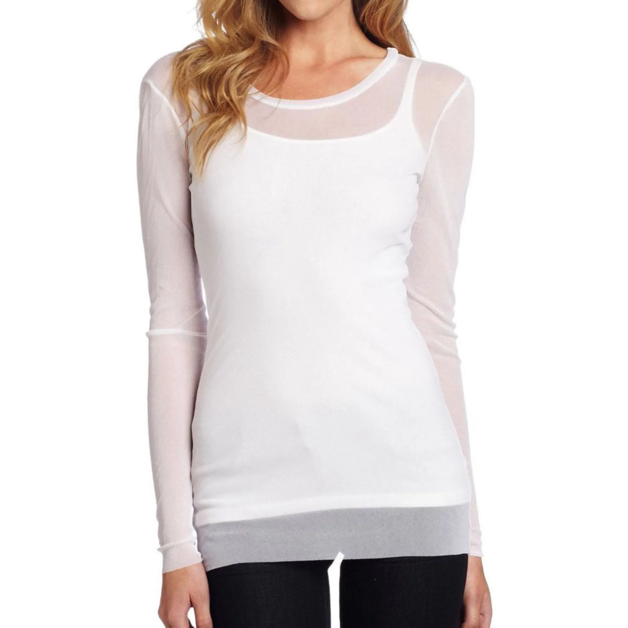 Tulle Long Sleeve Crew - White