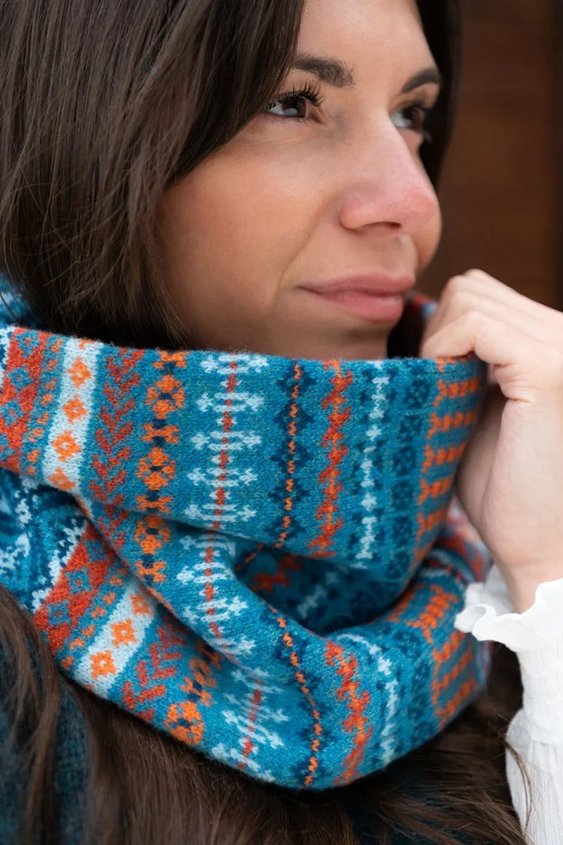 Ugie Fair isle cowl scarf - Teal Orange