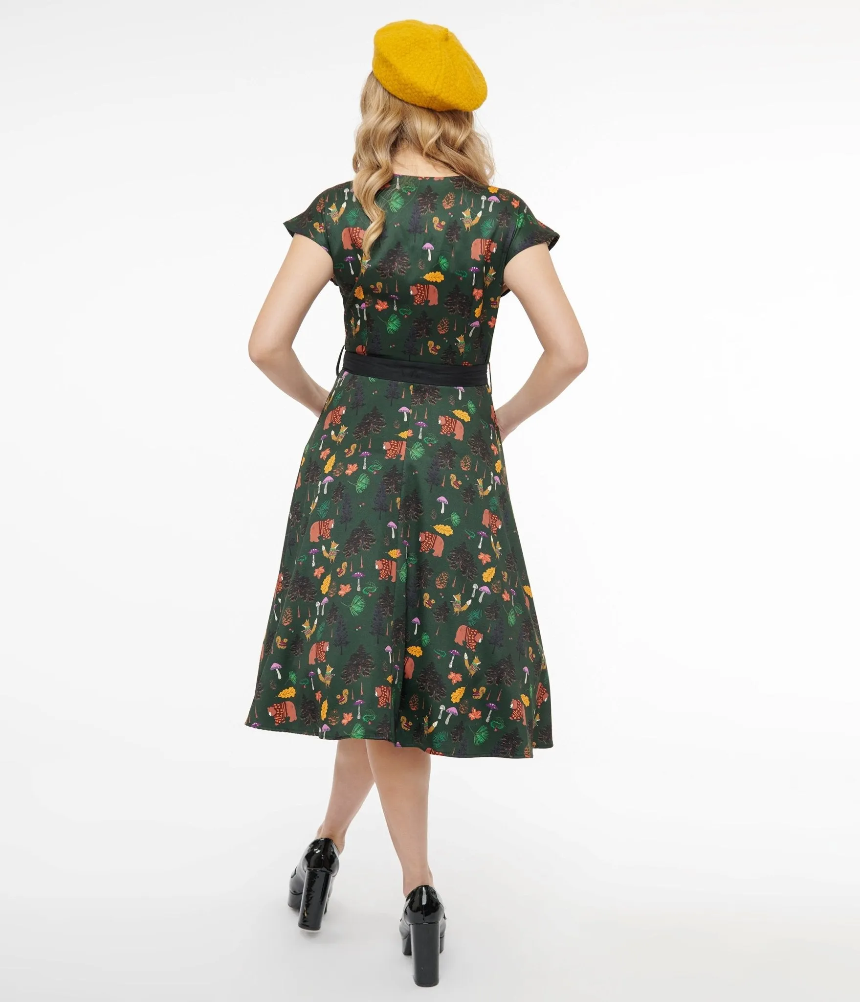 Unique Vintage 1940s Forest Green Woodland Creature Hedda Swing Dress