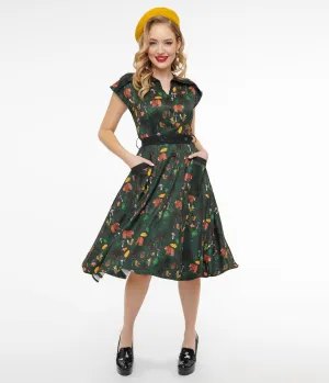 Unique Vintage 1940s Forest Green Woodland Creature Hedda Swing Dress