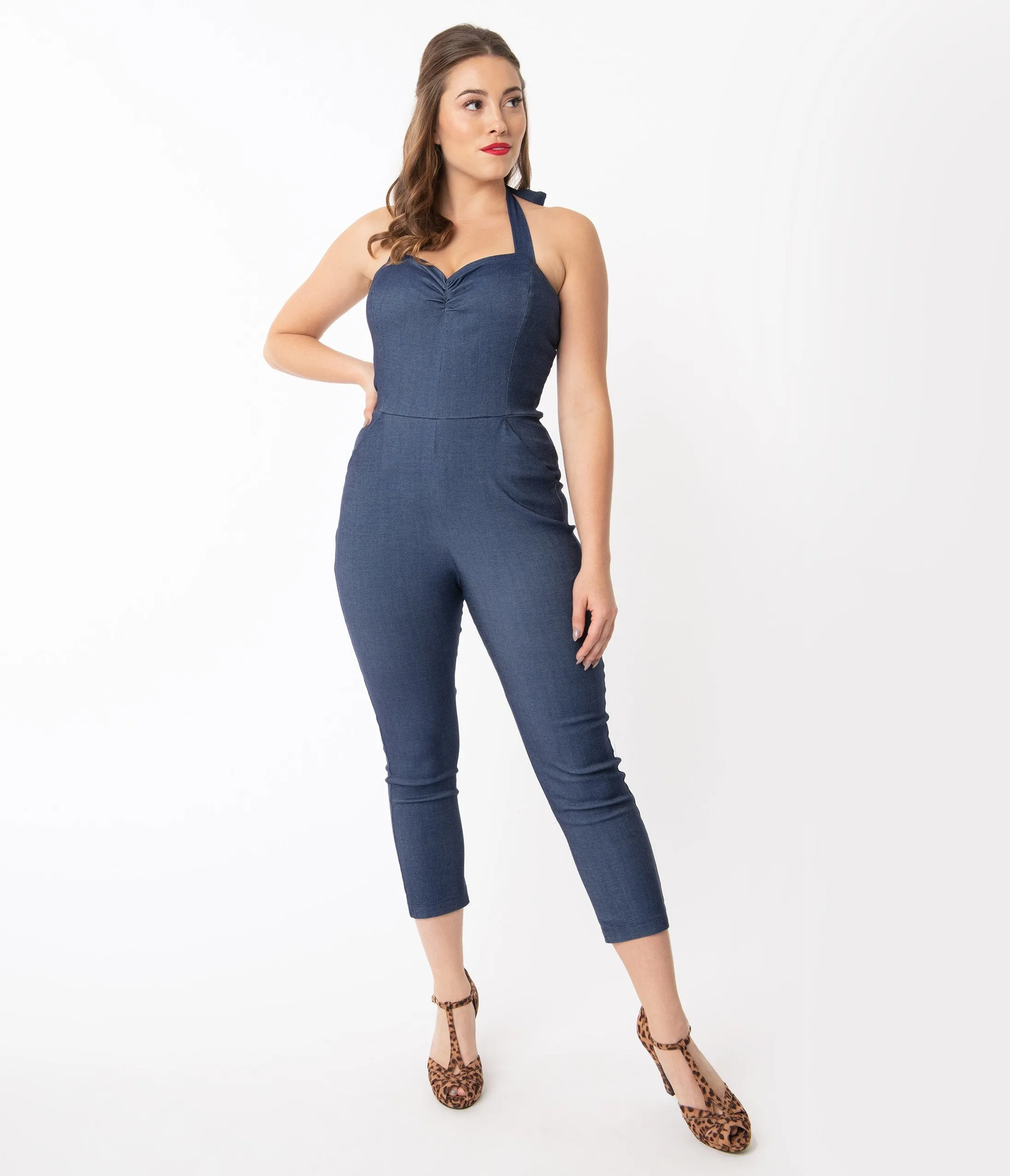 Unique Vintage 1950s Style Blue Denim Halter Marcel Cropped Jumpsuit