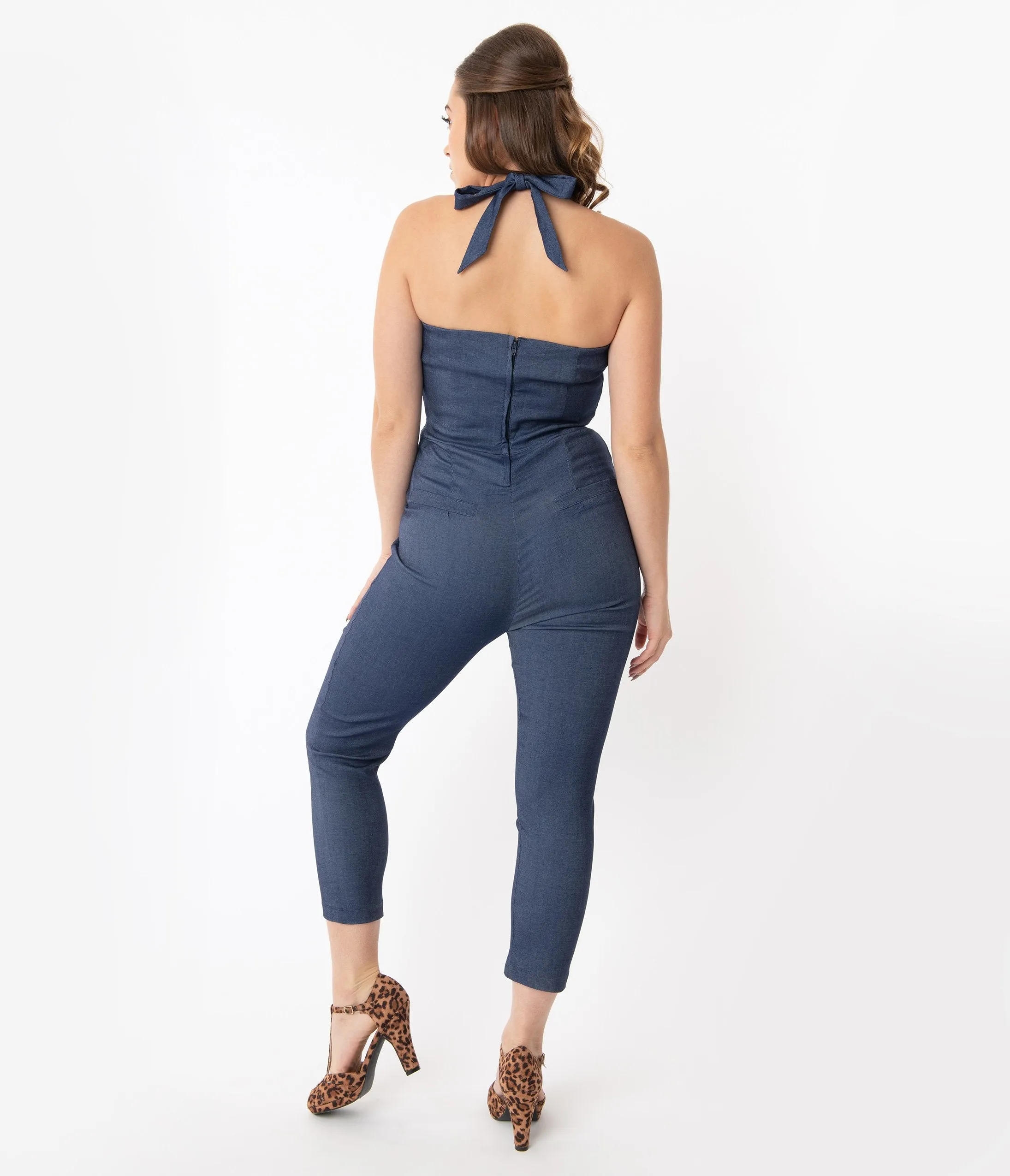 Unique Vintage 1950s Style Blue Denim Halter Marcel Cropped Jumpsuit