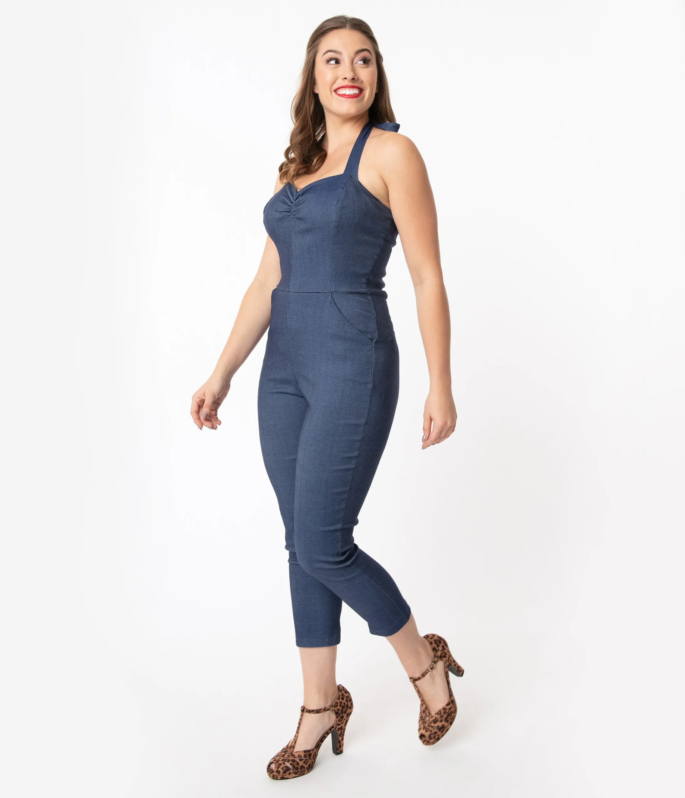 Unique Vintage 1950s Style Blue Denim Halter Marcel Cropped Jumpsuit