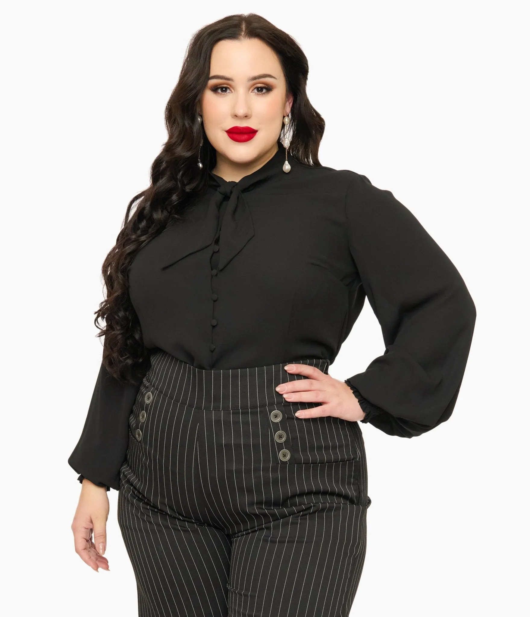 Unique Vintage Plus Size 1940s Black Neck Tie Blouse