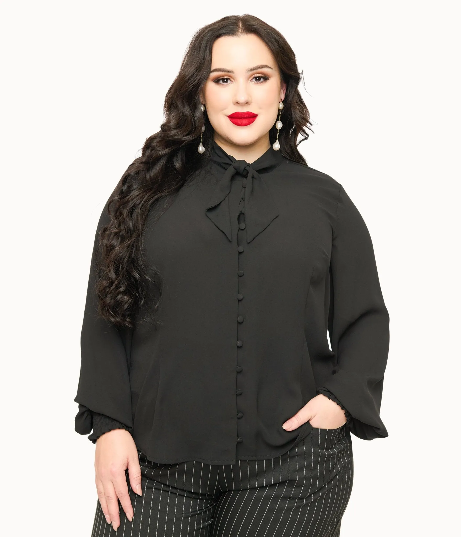 Unique Vintage Plus Size 1940s Black Neck Tie Blouse