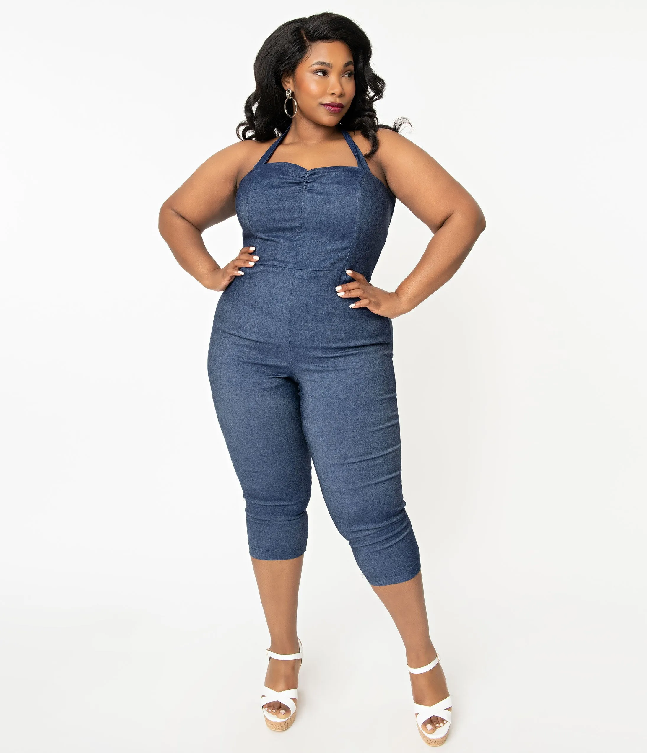 Unique Vintage Plus Size 1950s Blue Denim Marcel Cropped Jumpsuit