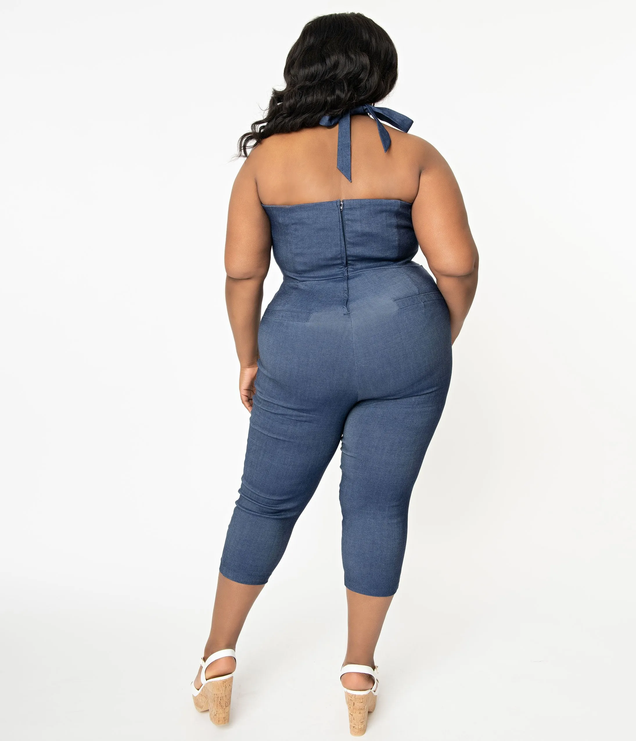 Unique Vintage Plus Size 1950s Blue Denim Marcel Cropped Jumpsuit