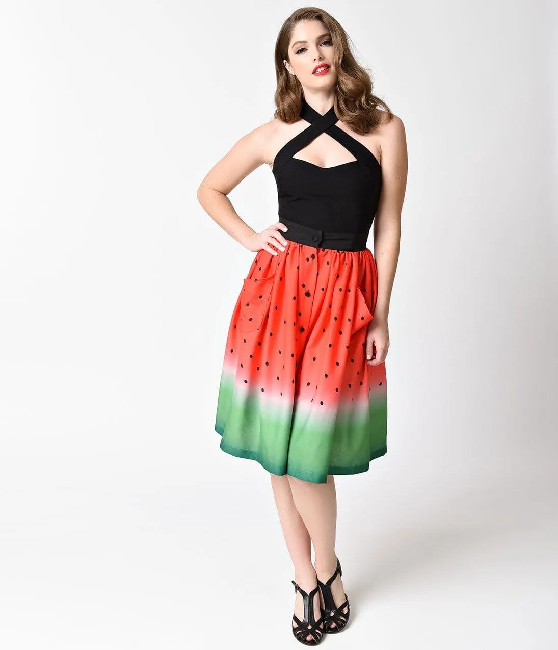 Unique Vintage Watermelon Ombre Button Up Elora Swing Skirt