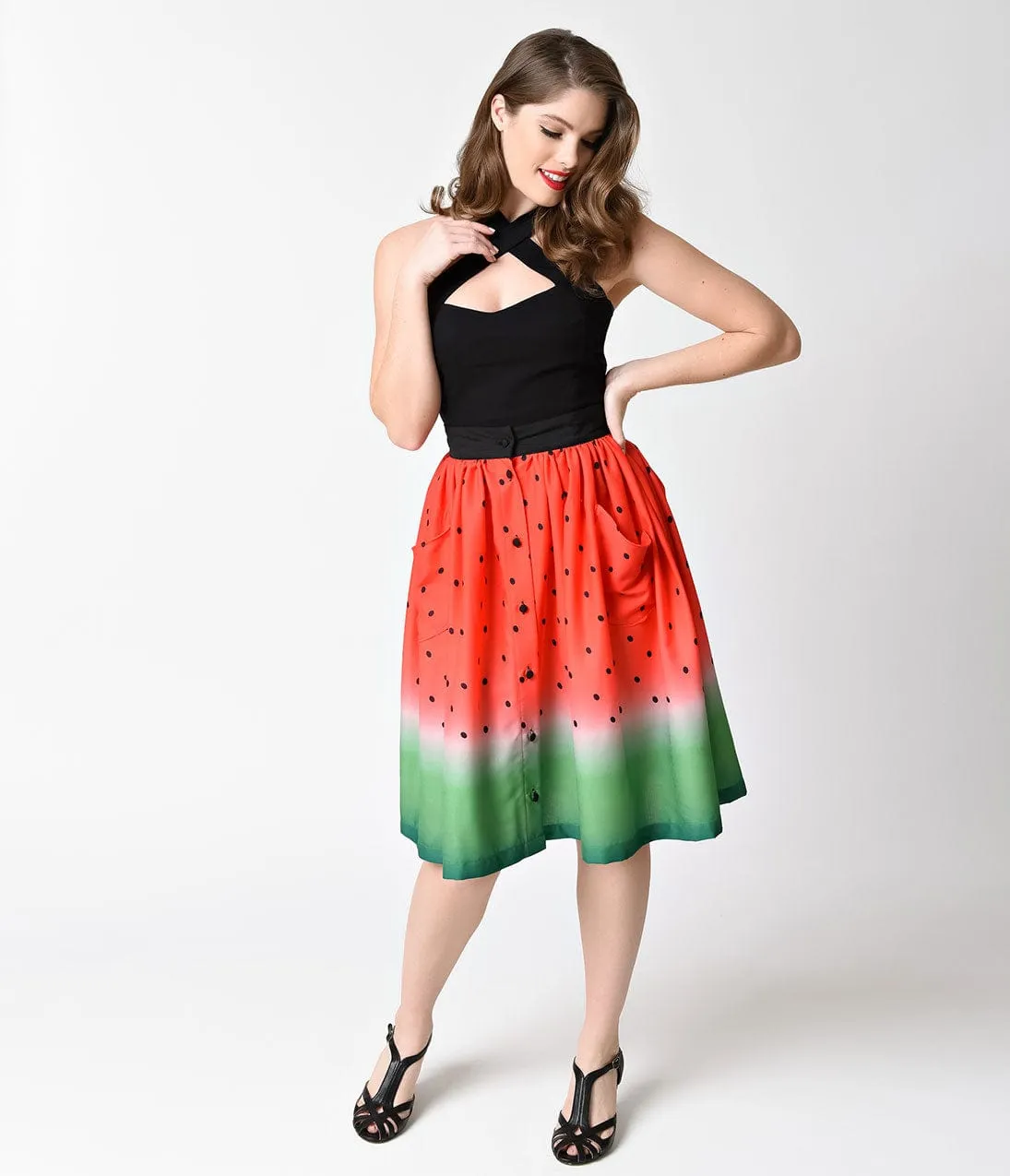 Unique Vintage Watermelon Ombre Button Up Elora Swing Skirt