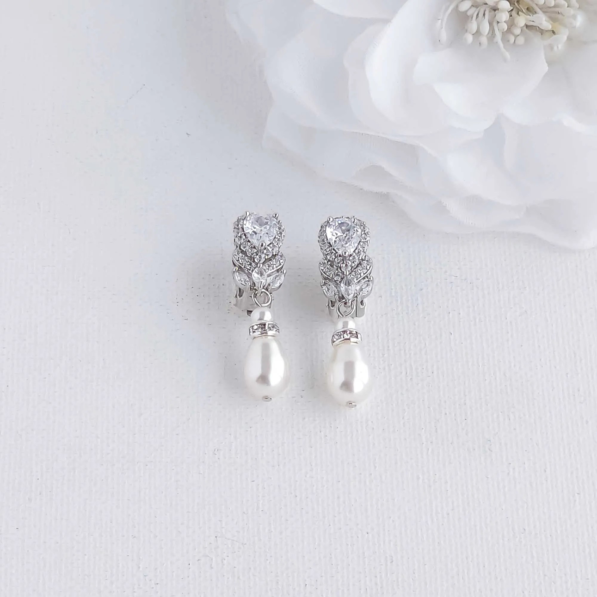 Vintage Clip On Earrings with Pearl Drops-Lucia