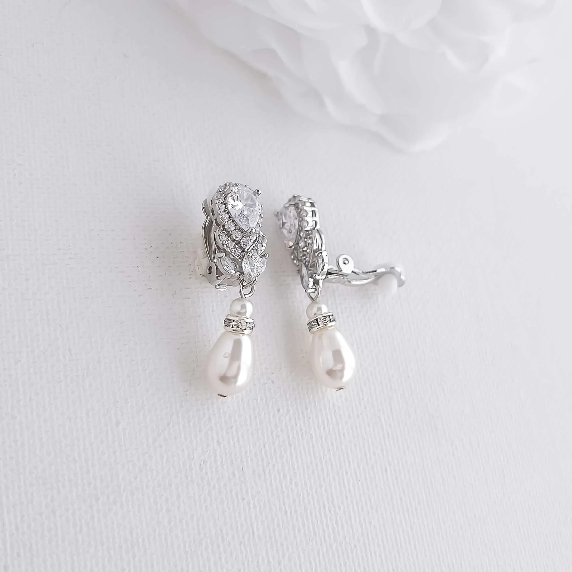 Vintage Clip On Earrings with Pearl Drops-Lucia