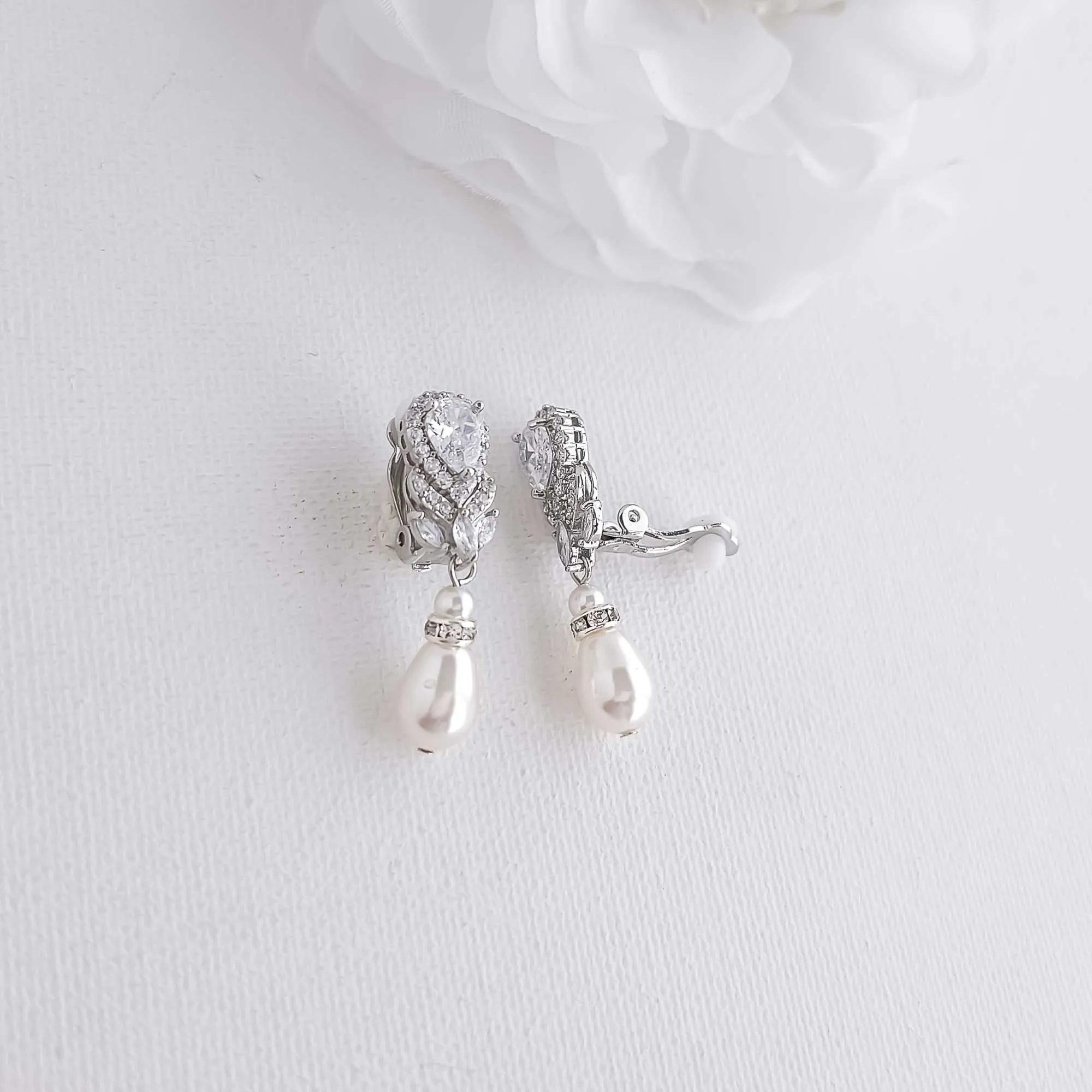 Vintage Clip On Earrings with Pearl Drops-Lucia