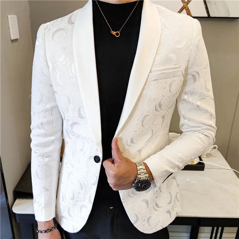 White Rose Pattern Shawl Lapel Blazer