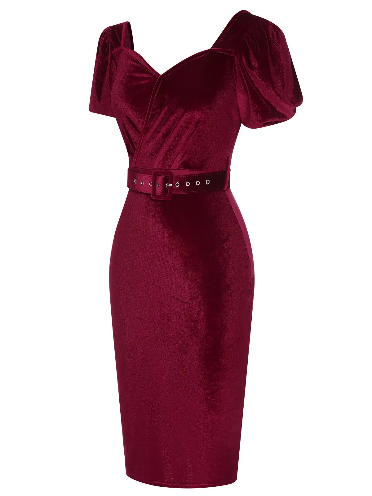 Wine Red 1960s Solid Belt Lantern Dress