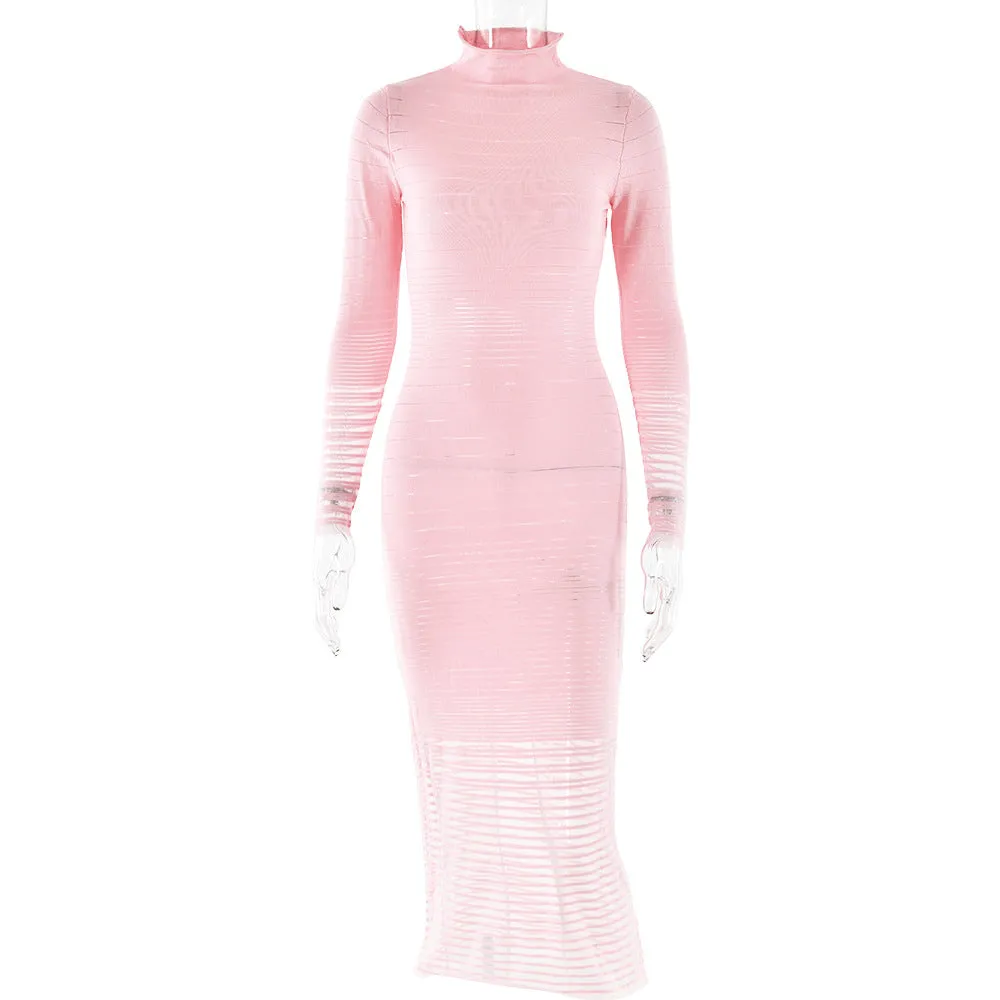 Winter Knitted Long Sleeved Sexy Slim Striped See through Dress