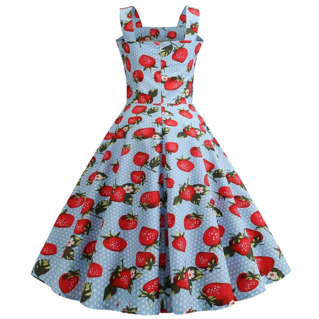 Women Cherries Strawberry Print Vintage Prom Dress Sleeveless 1950s Retro Evening Party Dress