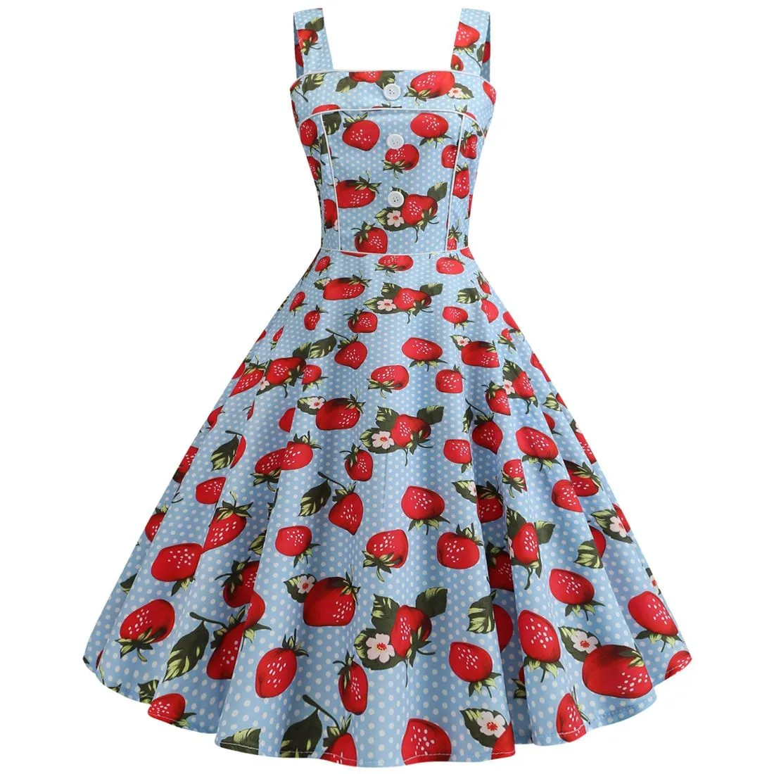 Women Cherries Strawberry Print Vintage Prom Dress Sleeveless 1950s Retro Evening Party Dress