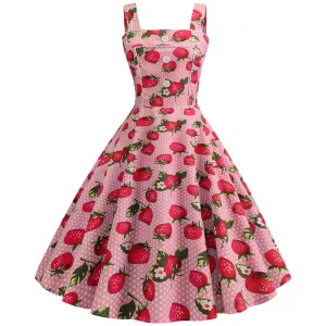 Women Cherries Strawberry Print Vintage Prom Dress Sleeveless 1950s Retro Evening Party Dress