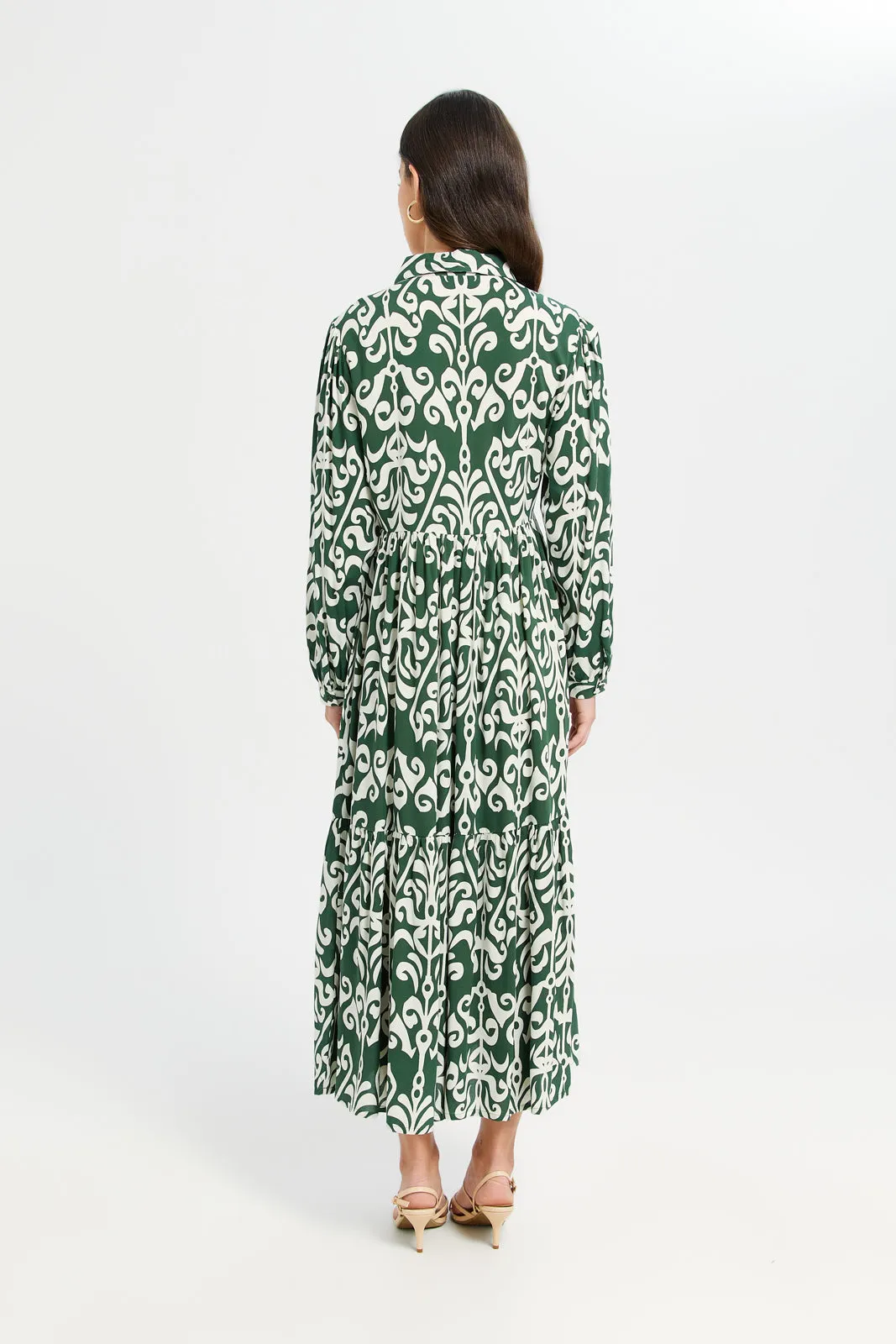 Women Green And White Printed Tiered Dress