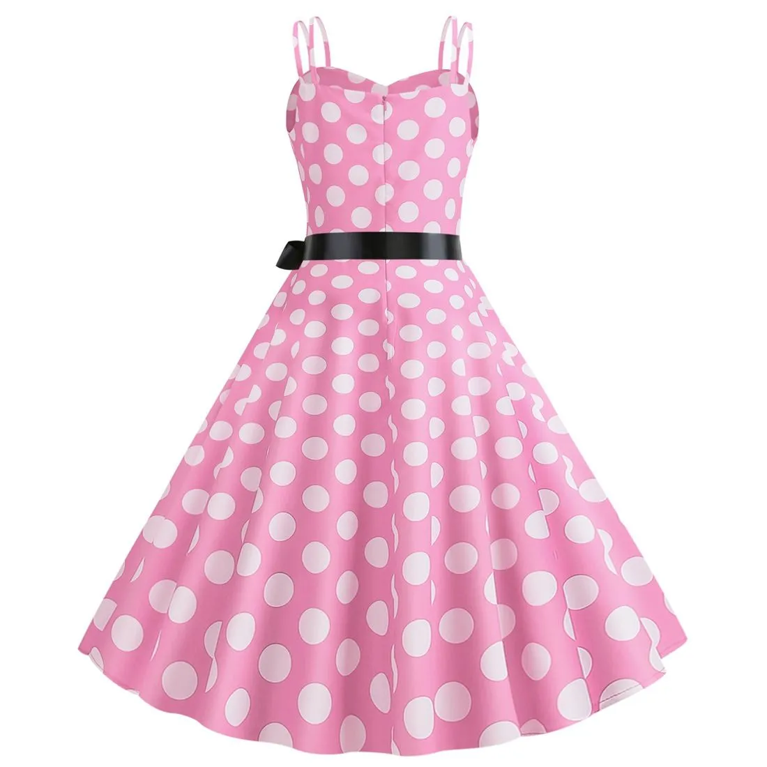 Women's 50s 60s 80s Vintage Sleeveless Strap Polka Dot A-Line Swing Cocktail Party Tea Dresses