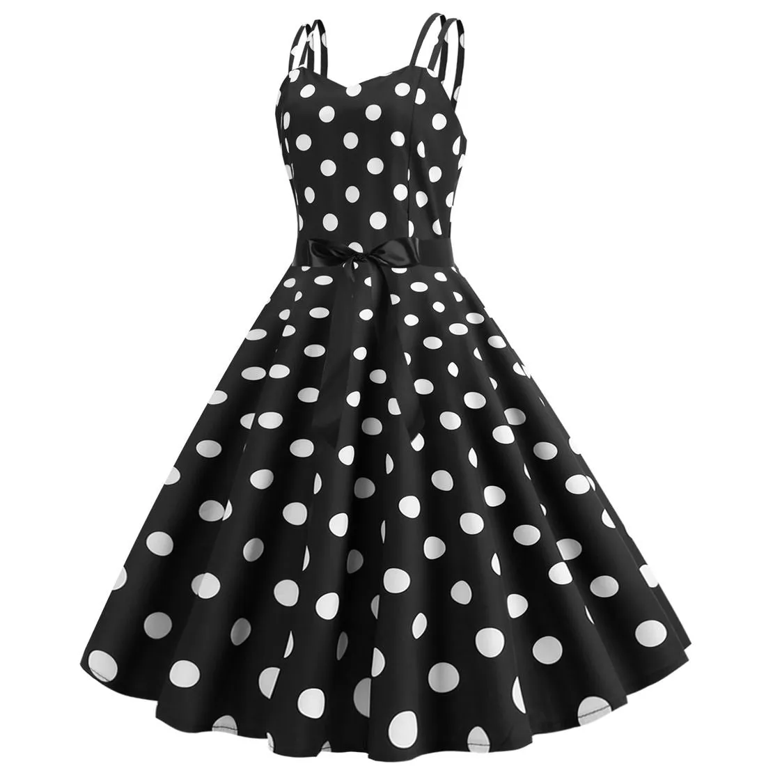 Women's 50s 60s 80s Vintage Sleeveless Strap Polka Dot A-Line Swing Cocktail Party Tea Dresses