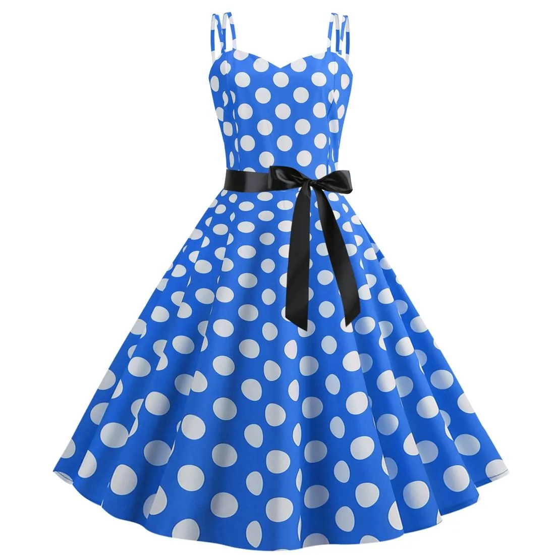 Women's 50s 60s 80s Vintage Sleeveless Strap Polka Dot A-Line Swing Cocktail Party Tea Dresses