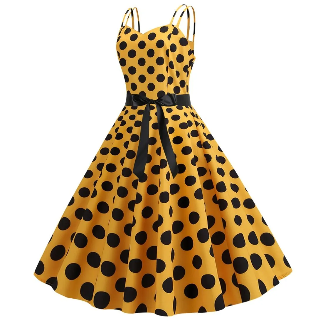 Women's 50s 60s 80s Vintage Sleeveless Strap Polka Dot A-Line Swing Cocktail Party Tea Dresses