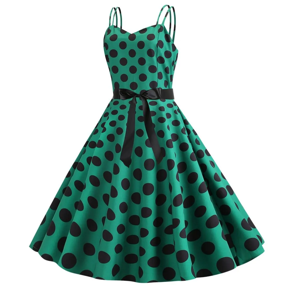 Women's 50s 60s 80s Vintage Sleeveless Strap Polka Dot A-Line Swing Cocktail Party Tea Dresses