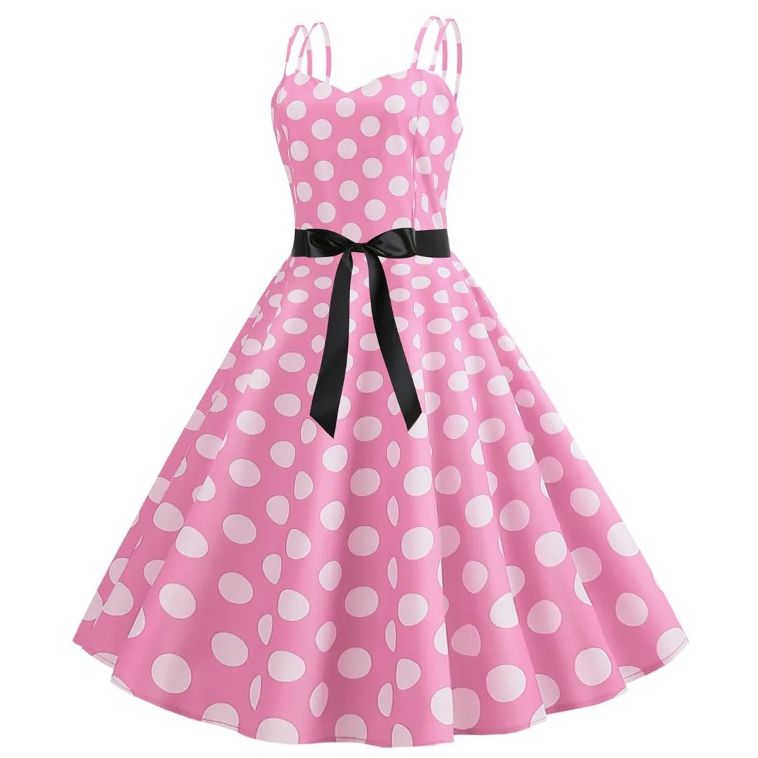 Women's 50s 60s 80s Vintage Sleeveless Strap Polka Dot A-Line Swing Cocktail Party Tea Dresses