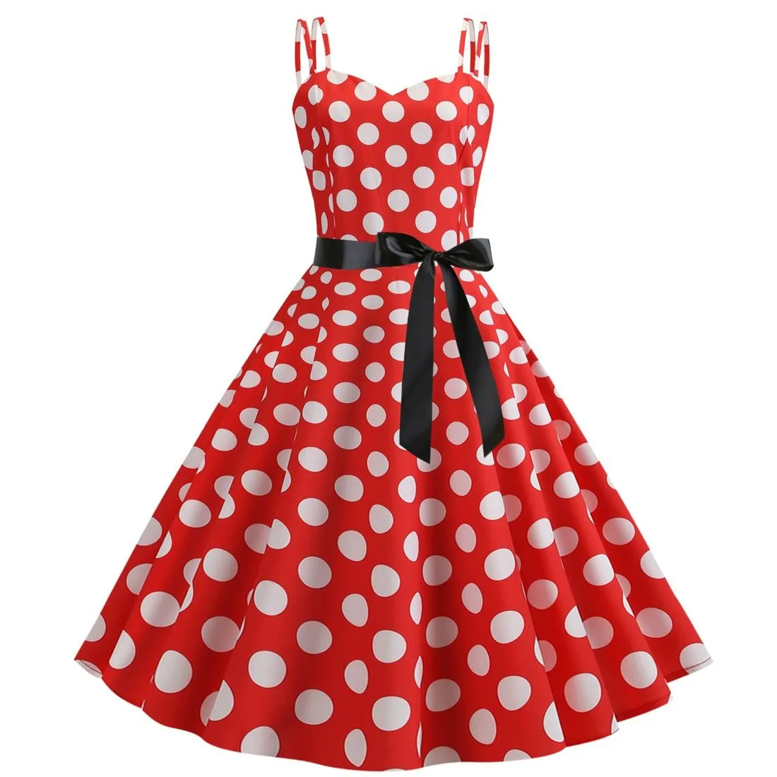 Women's 50s 60s 80s Vintage Sleeveless Strap Polka Dot A-Line Swing Cocktail Party Tea Dresses