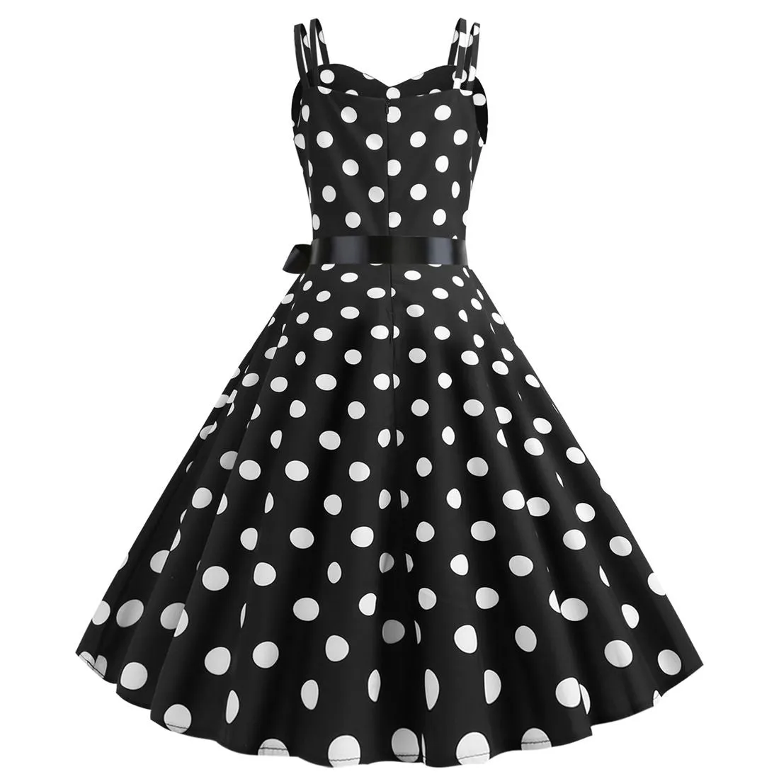 Women's 50s 60s 80s Vintage Sleeveless Strap Polka Dot A-Line Swing Cocktail Party Tea Dresses