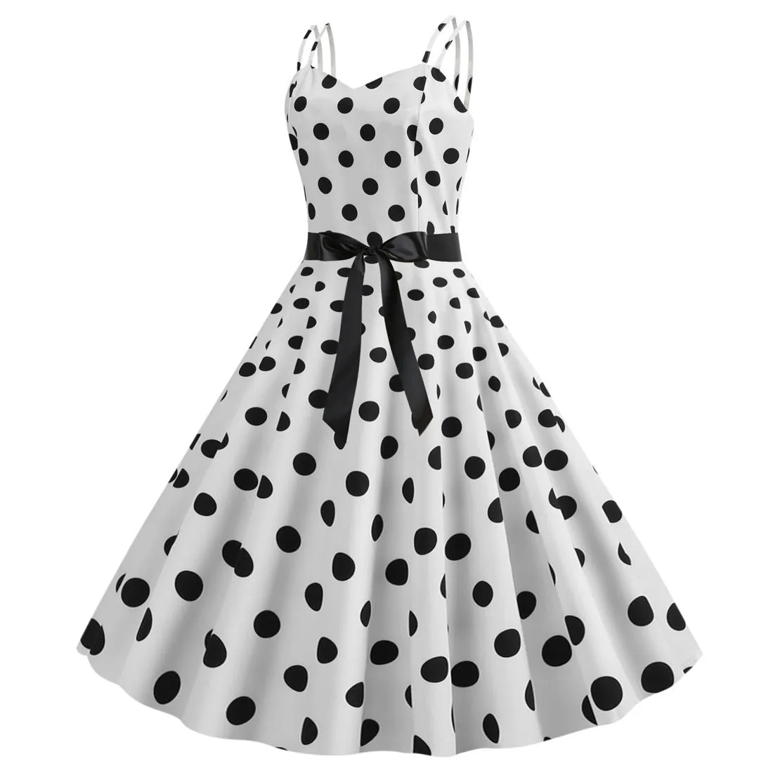 Women's 50s 60s 80s Vintage Sleeveless Strap Polka Dot A-Line Swing Cocktail Party Tea Dresses