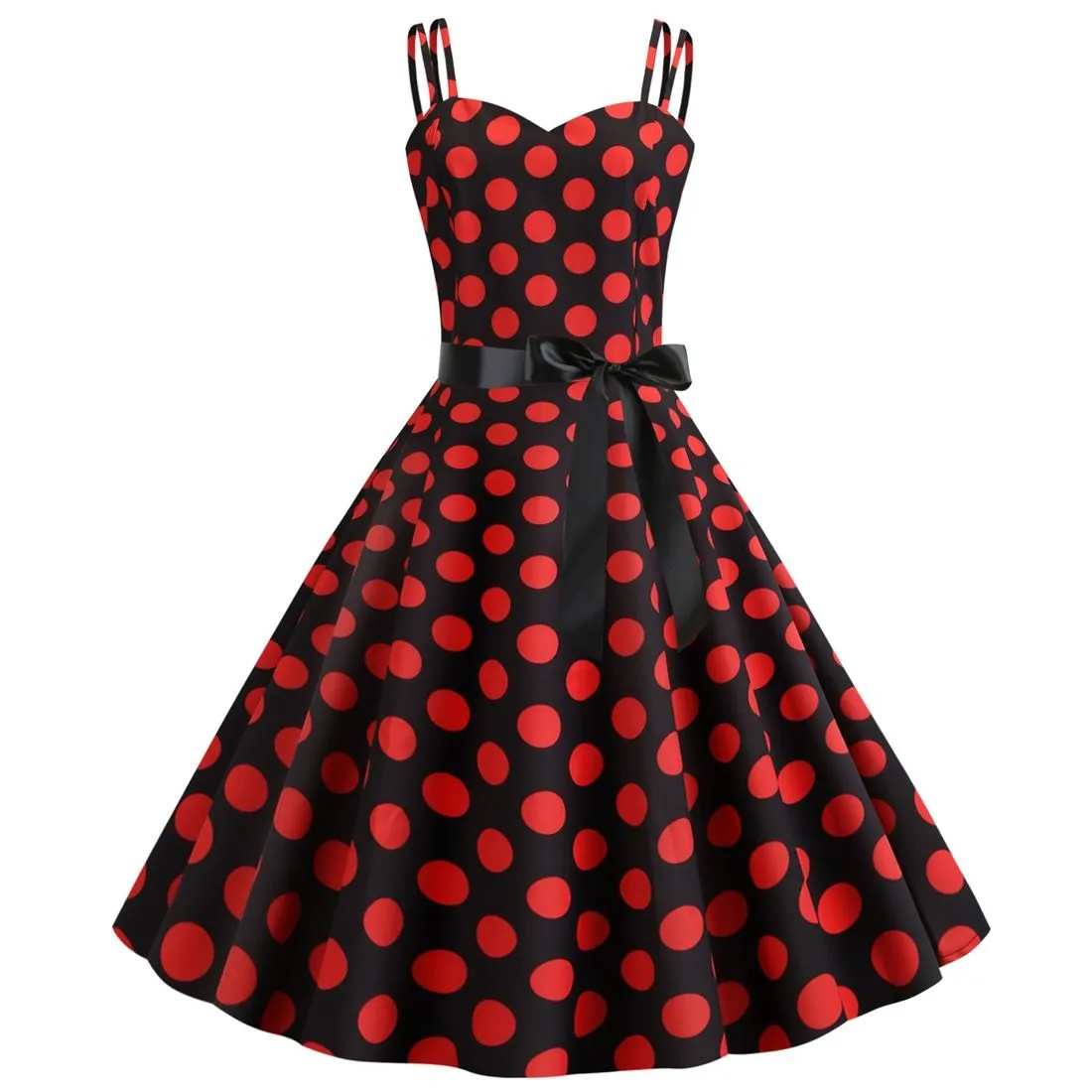 Women's 50s 60s 80s Vintage Sleeveless Strap Polka Dot A-Line Swing Cocktail Party Tea Dresses