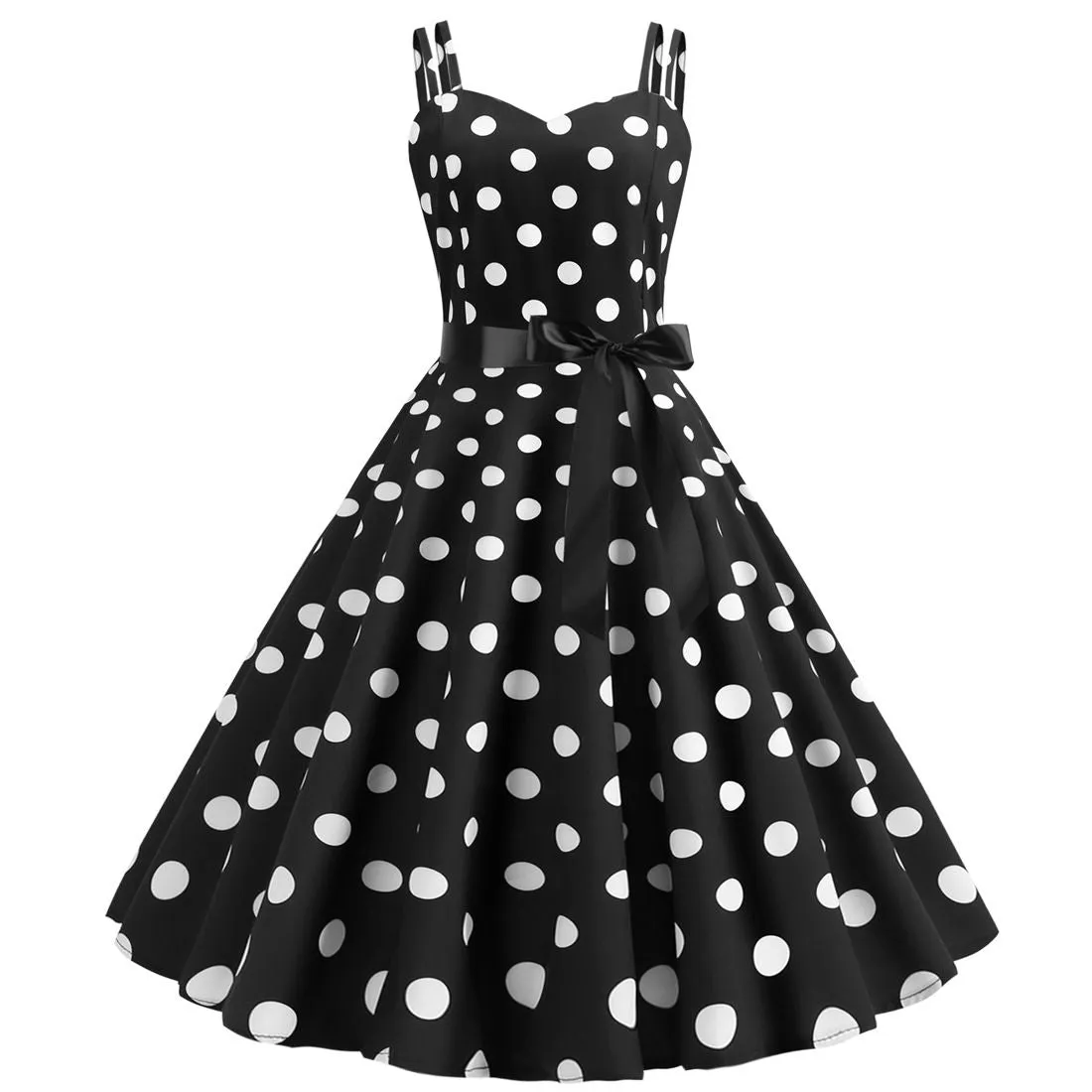 Women's 50s 60s 80s Vintage Sleeveless Strap Polka Dot A-Line Swing Cocktail Party Tea Dresses